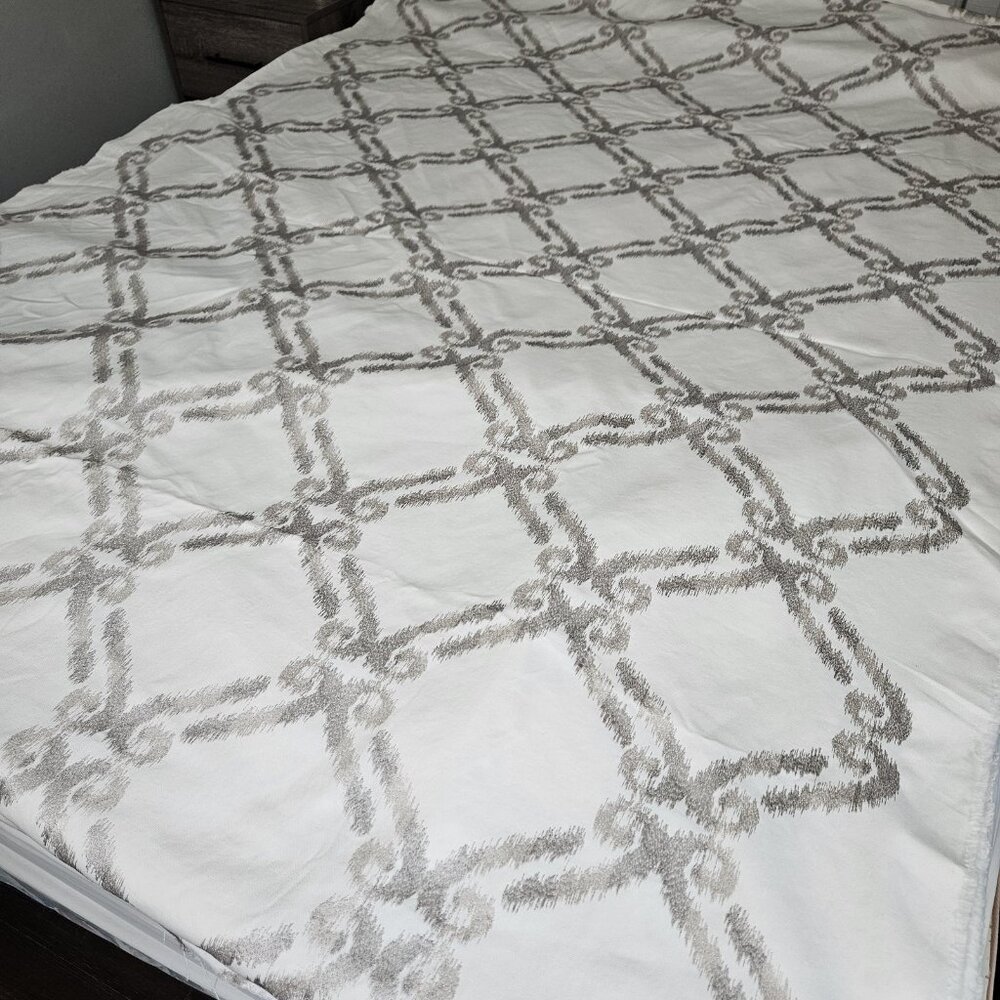 Geometric Upholstery Fabric 59"W By The Yard White Gray Lattice Embroidery Drape